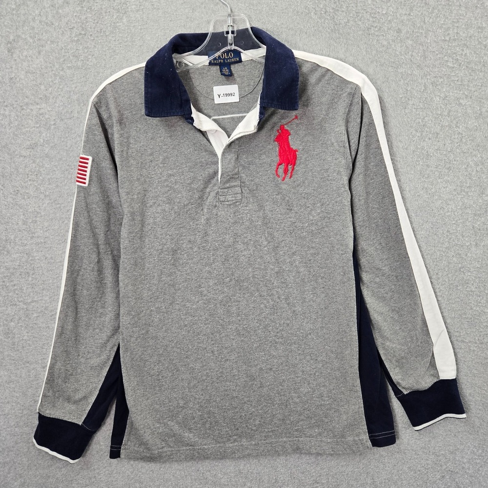 Polo Ralph Lauren Boys Polo Shirt Large Gray Big‎ Pony USA Flag Embroidered 3